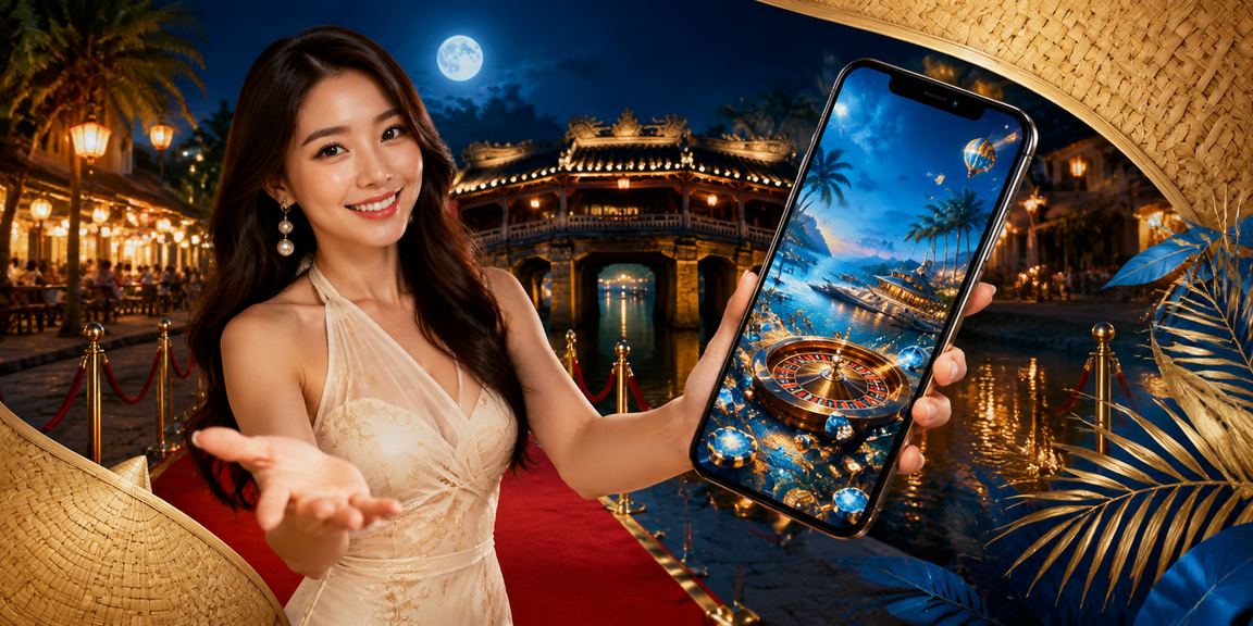Khung cảnh casino di động tại Hội An với nền phong cảnh truyền thống Việt Nam