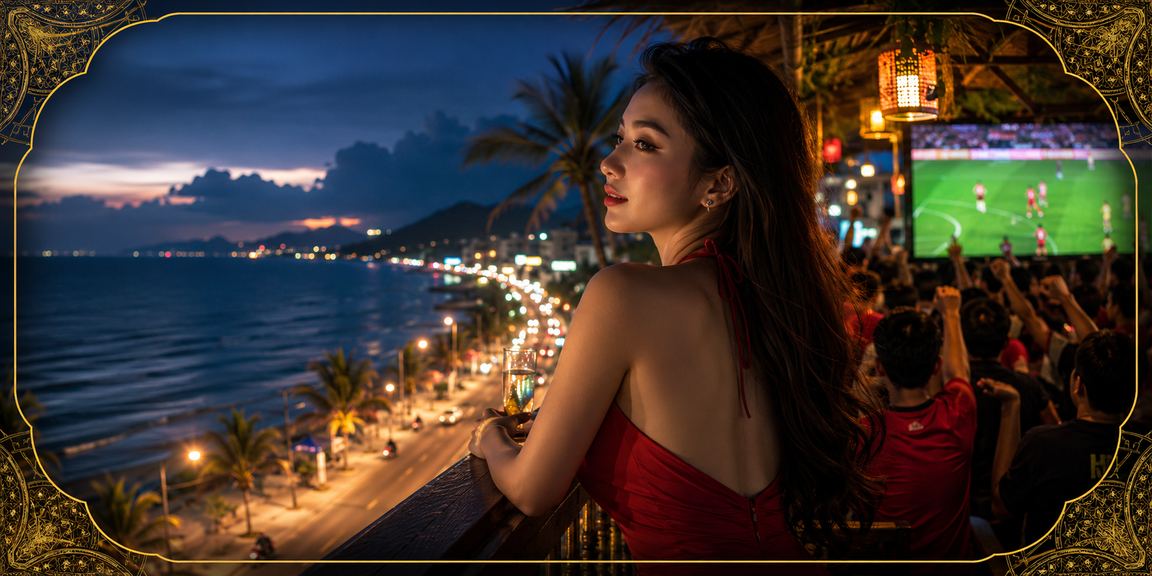Người chơi sử dụng điện thoại đăng nhập tài khoản cá cược trên nền biển Mui Ne thanh bình